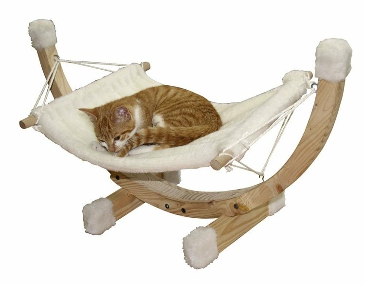Katt-möbler-hängmatta-trä-ram-plysch-liggande yta