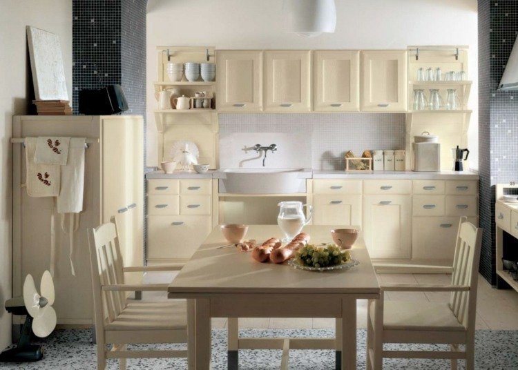 kök-lantlig stil-modern-grädde-skåp-matplats-retro-kylskåp