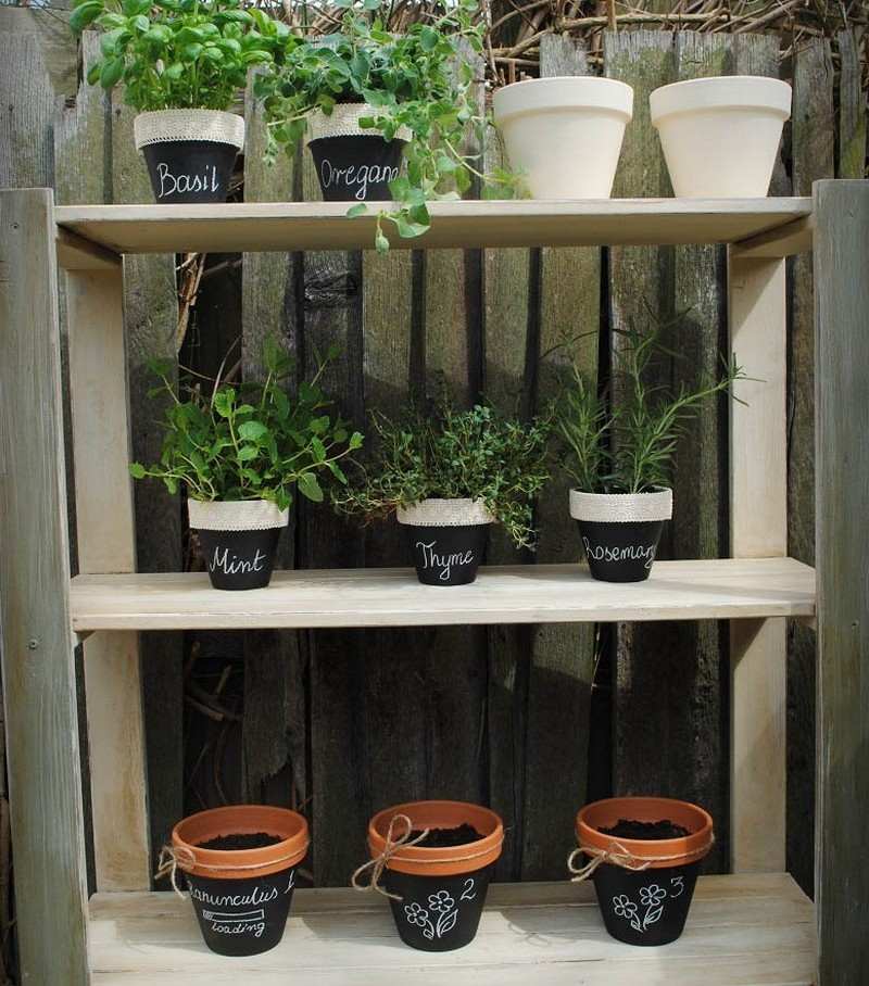 Kök med örtträdgård DIY-idéer-lera-kruka-svart-etikett