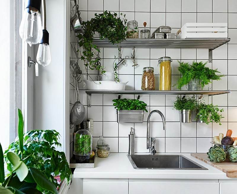Kök med örtträdgård DIY-idéer-metall-behållare-hyllor-väggmonterade