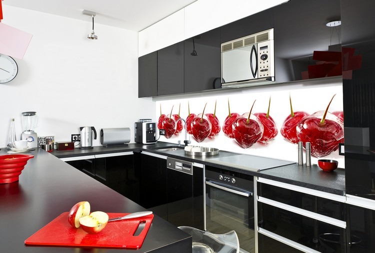 Köksväggdesign glas-stänk-skydd-motiv-körsbär-svarta-fronter
