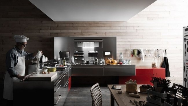 Köksdesign rostfria fronter kylskåp-moderna träbord väggbeklädnad
