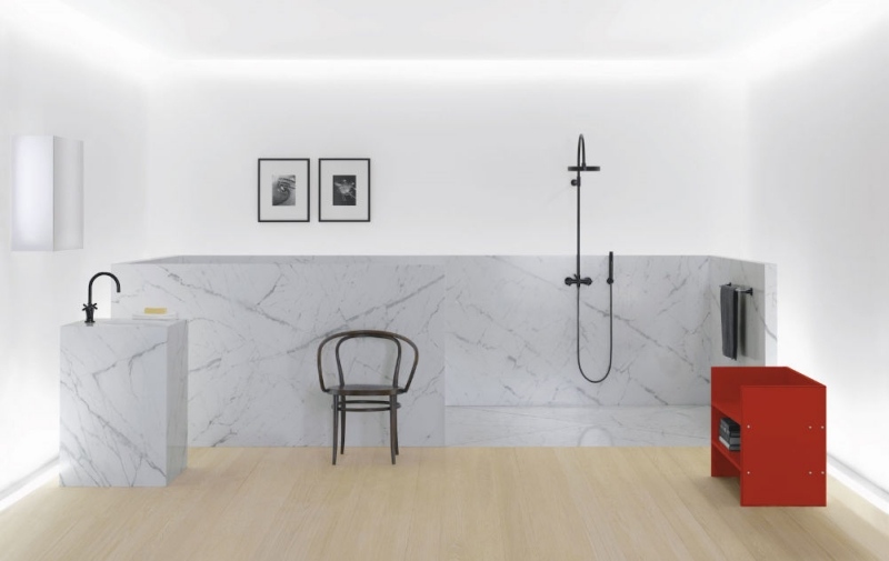 Köksinredning och badrumsinredning i svart -badrum-enkelt-slätt-marmor-trägolv-modernt