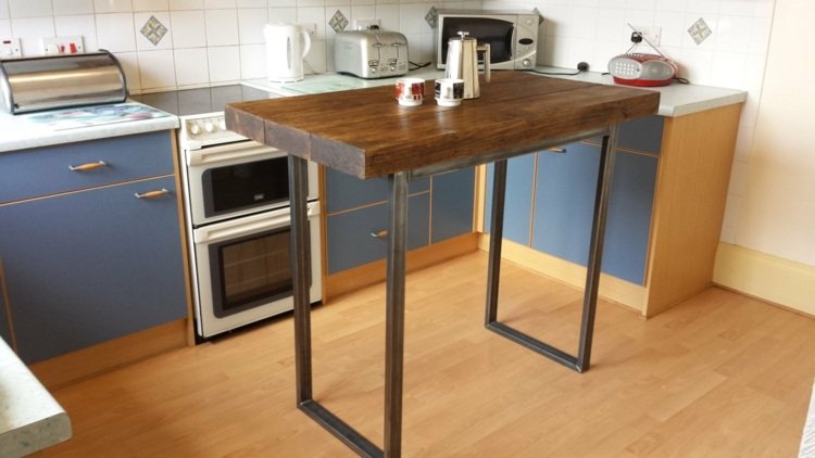 Bygg ditt eget kök ö industriell stil metall ben bordsskiva rustikt blå kök