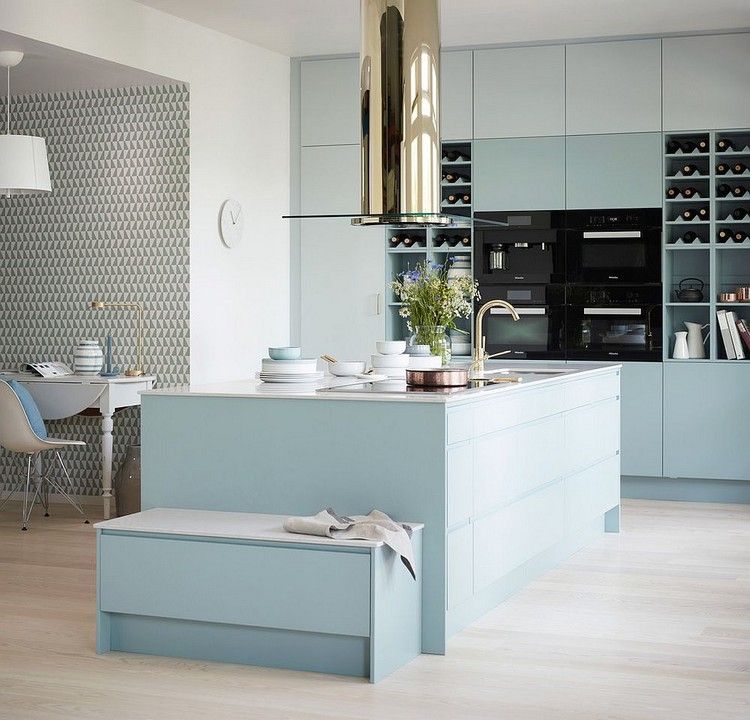 kök pastellfärger blå köksskåp, två rader, utan handtag