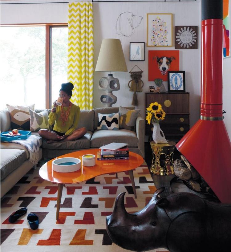 Kilim matta -moderna-vardagsrum-afrika-motiv-orange-bilder-mönster-motiv-konstnärliga