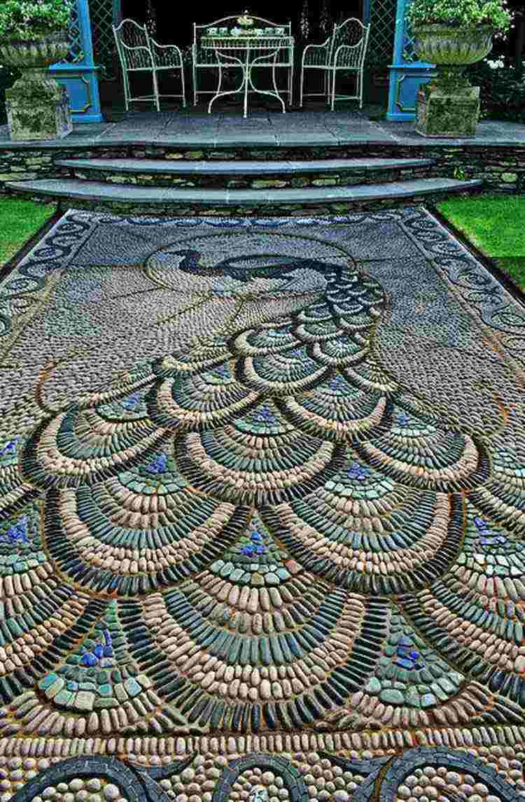 sten-mosaik-unik-diy-påfågel-påfågel-svans-dekorativa-terrass-steg