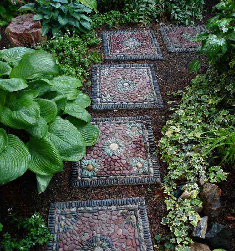Pebble-mosaik-square-stepping-sten-mönster-blomma-inspiration