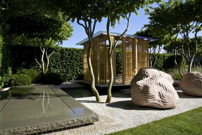 Grus-trädgård-läggning-sten-perenner-idéer-japansk stil