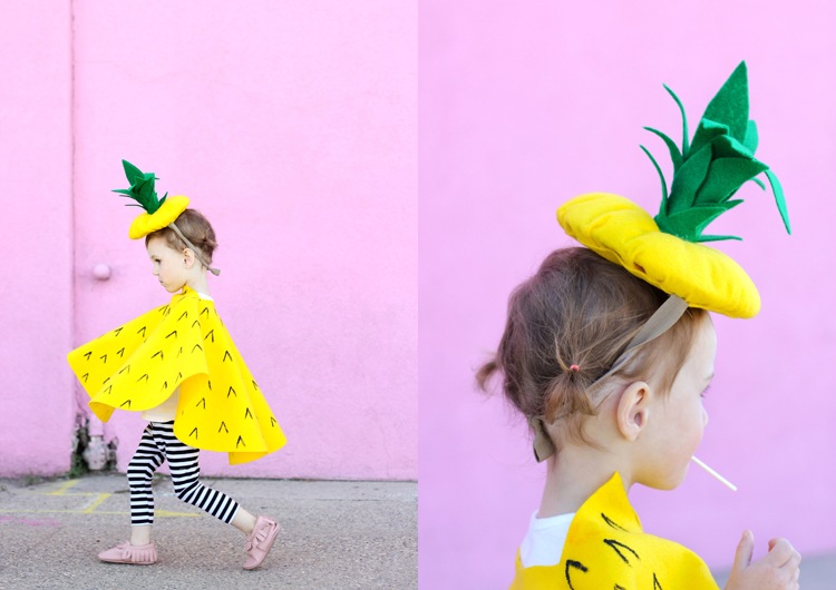 barn-karneval-kostym-diy-tyg-instruktioner-ananas-rolig-söt-gul-hatt-blaetter
