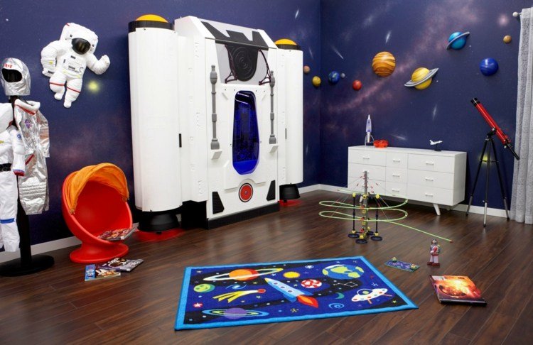 barnsäng design rymdskepp idé pojkar matta planeter