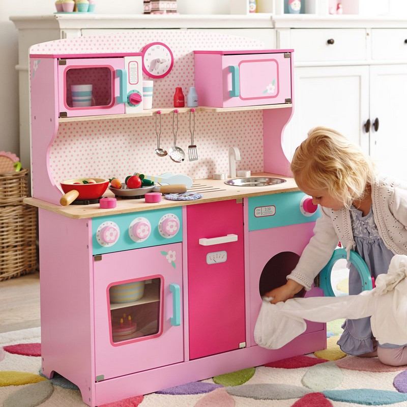 Barnkök-trä-rosa-lek-småbarn-uppsättning