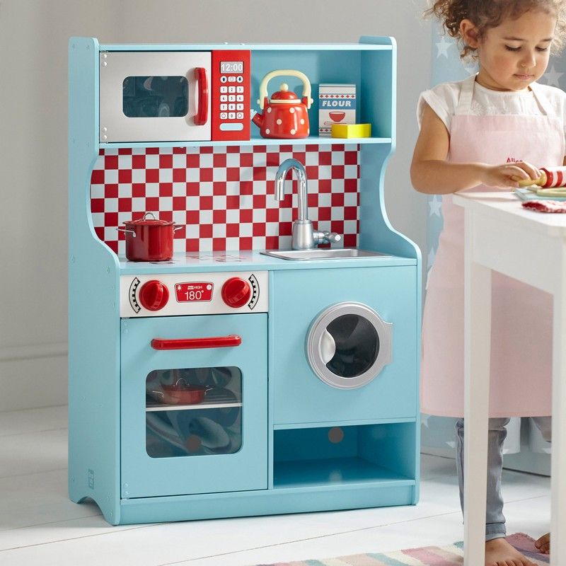 Barnkök-trä-små-blå-söt-plats-besparande-småbarn-lek kök-kärlek