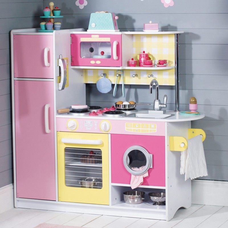 Barnkök-trä-rosa-färg-ugn-mikrovågsugn-tvättmaskin-sött
