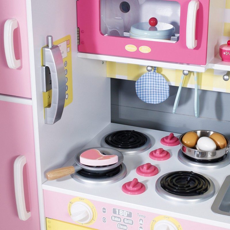 Barnkök-trä-rosa-färg-mikrovågsugn-kokplatta-flickrum