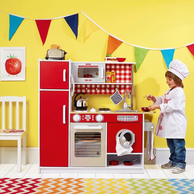 Kinderkueche-trä-röda-moderna-barnrum-möblering-idéer
