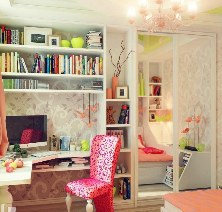 barnrum-dekoration-gör-det-själv-tjejer-rum-färgglatt-skrivbord-rosa-spegel-skåp-litet