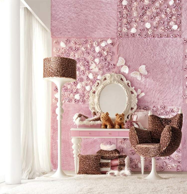 barnrum deco idé väggdesign rosa rosor plysch fåtölj toalettbord