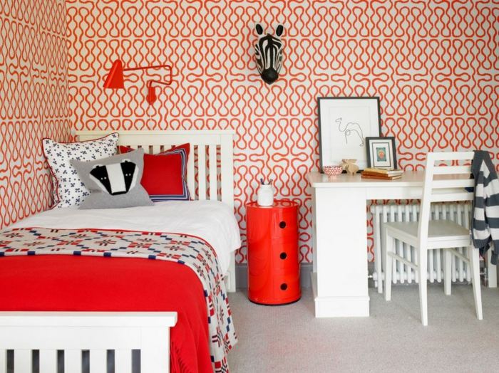 tapeter barnrum retro orange dekoration design sängbord