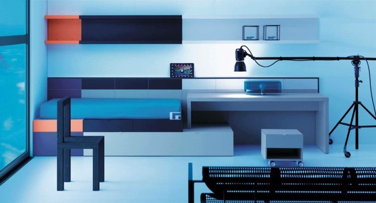 blå orange loft säng skrivbord integrerad modern snygg