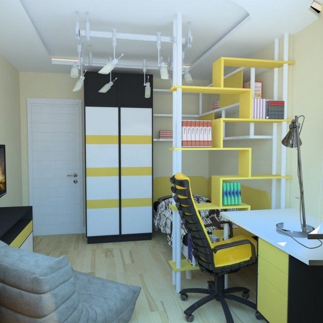 små-ungdoms-rum-design-idé-gul-vit-svart