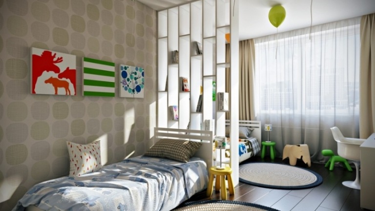 Barnrum-för-pojkar-2015-accent-färg-möbler-neon-grön-pall-skiljevägg-hylla