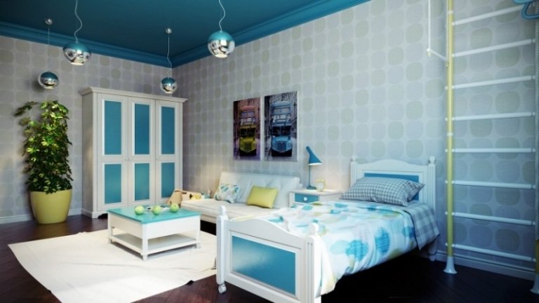 Barnrum-för-pojkar-2015-vägg-design-tapeter-grå-mönster-blå-sängkläder