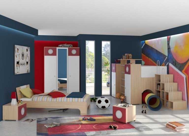Barnrum-för-pojkar-2015-möbler-trä-vägg-design-mörk-blå-röd
