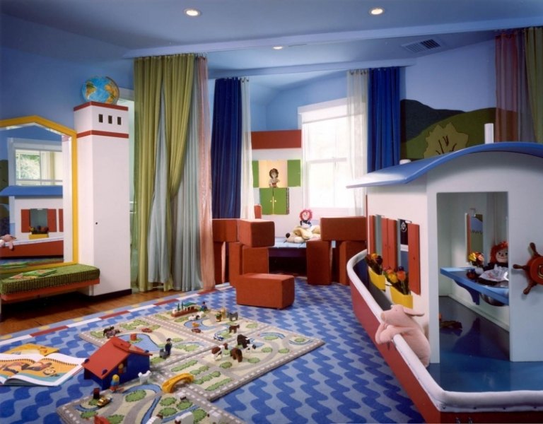 barnrum-för-pojkar-loft-säng-gardiner-grönt-trendiga-färger-2015-idéer