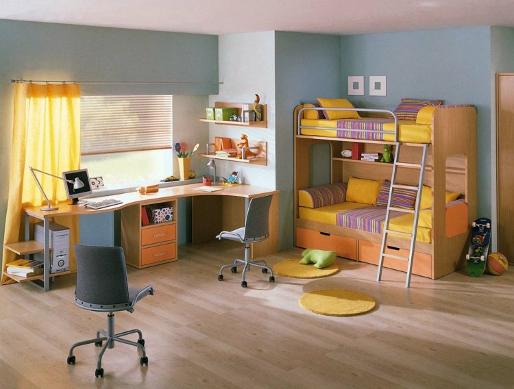 Barnrum för två möblerade-dubbelsäng-skrivbord-fönster-gul-accenter-laminatgolv