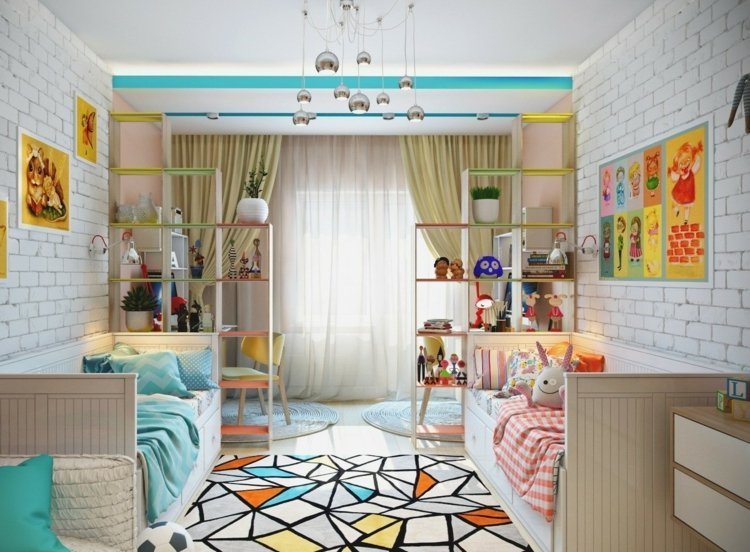 Barnrum för två vackert-ljus-möblerade-rumsavdelare-hyllor-sängar-arbetsplatser-matta