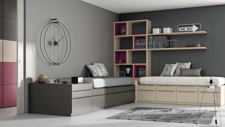 Barnrum-för-två-möblering-flicka-vägg-färg-grå-garderob-fronter-klocka-design