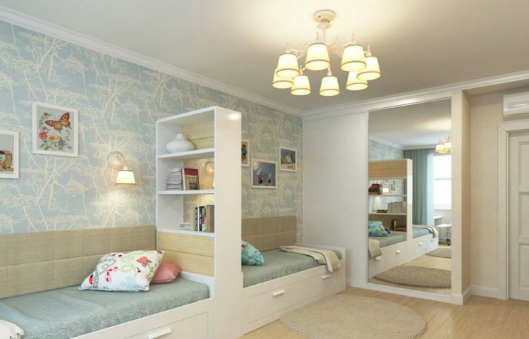 Barnrum-för-två-rum-avdelare-hylla-tvillingar-färger-tapeter-pastellfärger-blå-spegel-rum-hög