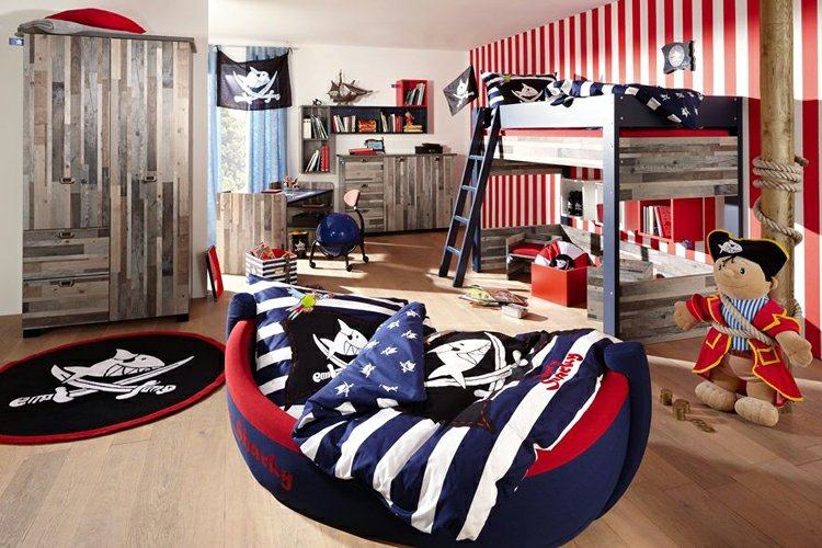 Barnrum-för-två-möblera-små-barn-pojkar-motto-piratenschff-blå-röd-vit