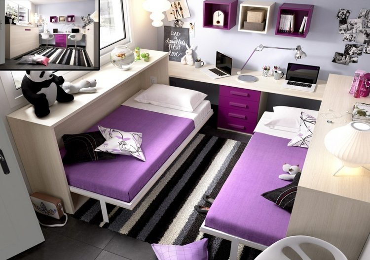 Barnrum-för-två-vardags-idéer-litet-rum-garderob-sängar-uppsättning-flicka-skrivbord