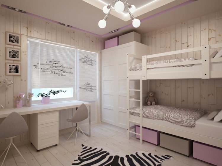 Barnrum-för-två-tjejer-uppsättning-idé-vit-trä-look-vägg-loft-säng-zebra-matta