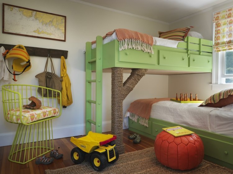 Barnrum för två uppsatta-loftsäng-stege-gröna-pojkar-förvaringsutrymme-lådor