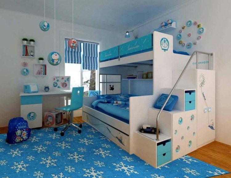 barnrum-design-matta-blå-snöflingor-loft säng-skrivbord-ryggsäck