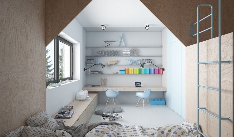 Skapa barnrum i blå-trä-lek-faciliteter-säng-hus