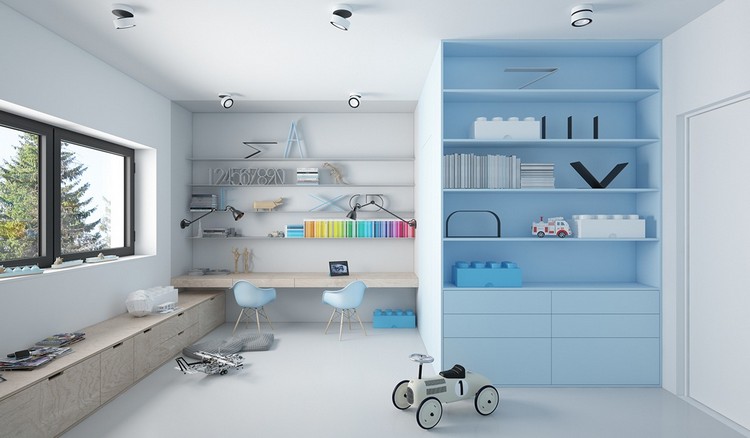 Design barnrum snygga-rum-blå-vägg-hyllor-leksaker