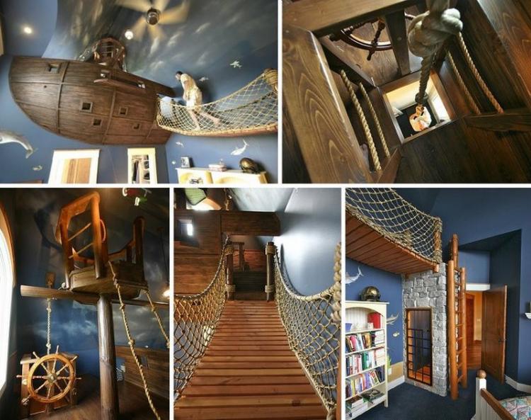 design barnrum pirat fartyg-pojkar rum-vägg-måla-blå-trä-konstruktion