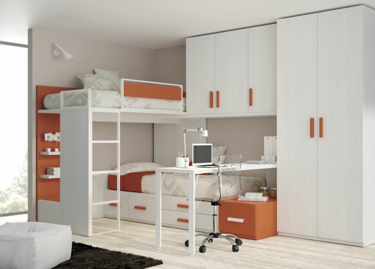 barnrum vit modern stil orange färg accenter loft säng skrivbord matta
