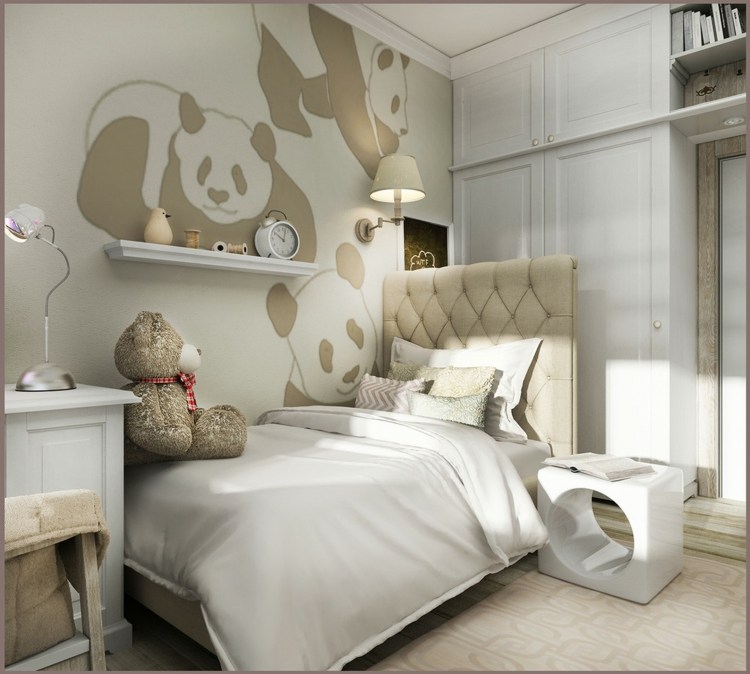 barnrum vit beige färger panda vägg design sänggavel klädsel