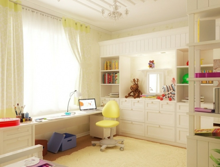 barnrum i vit flicka romantisk pastellgul inbyggd hylla