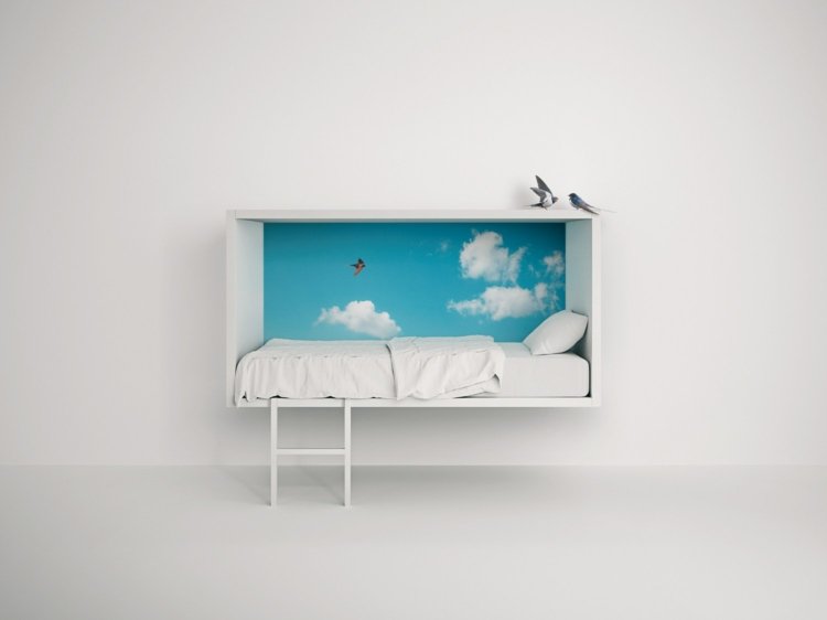 Barnrum-möbler-säng-flytande-effekt-box-stege-sky-väggmålning