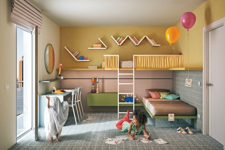 möbler-barnrum-gul-vägg-måla-loft säng-idé-stege-grå-golv