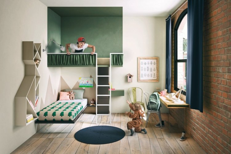 möbler-barnrum-grön-accent vägg-loft-stil-matta-runda