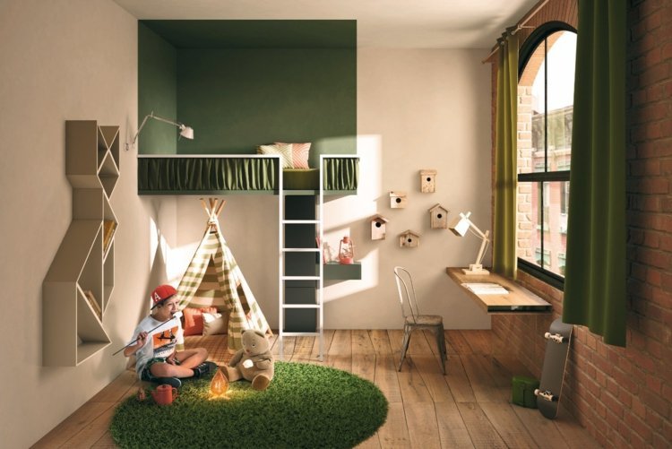möbler-barnrum-design-grön-färg-fågelhus-väggdekoration