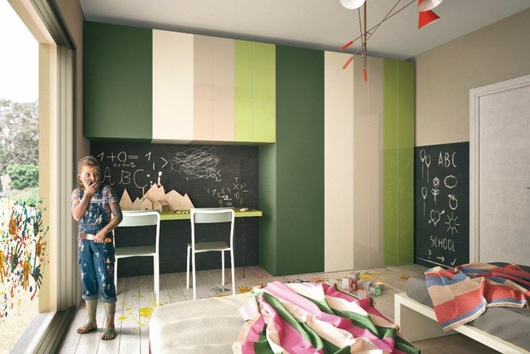 möbler-barnrum-högglans-ränder-garderob-modern-grön-svart tavla