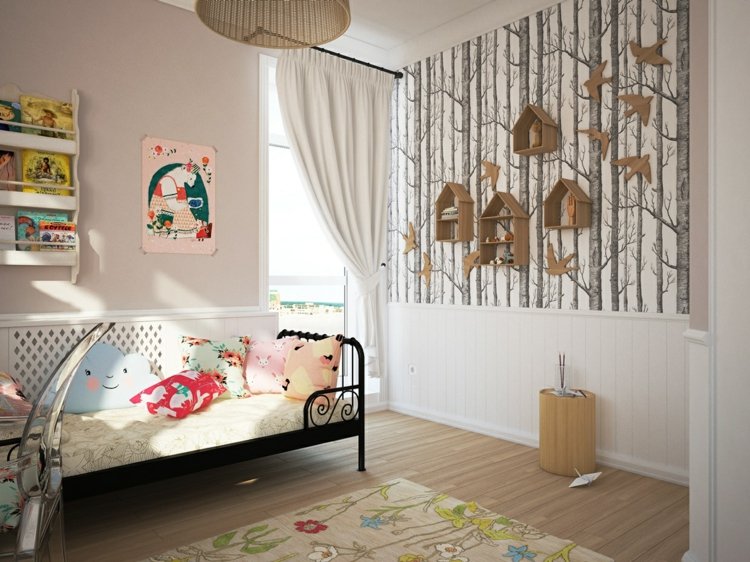 barnkammare lekfull design flicka rum vägg fågelholk hylla